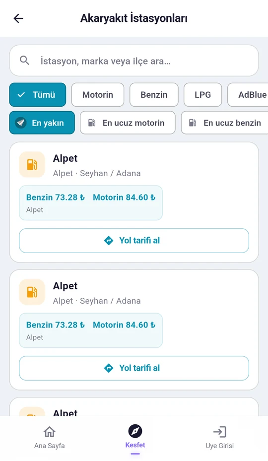 SemtteBul mobil uygulama — Akaryakıt