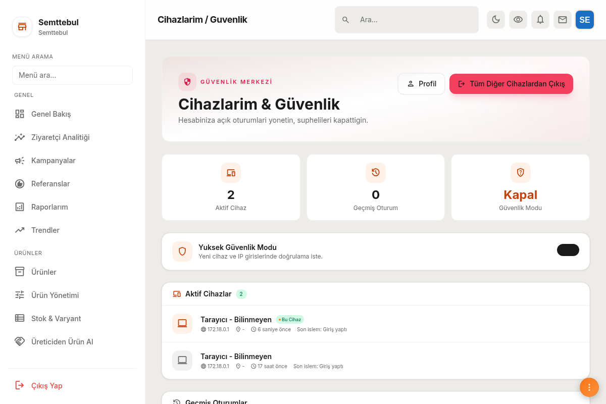Güvenlik ve cihaz yönetimi ekranı