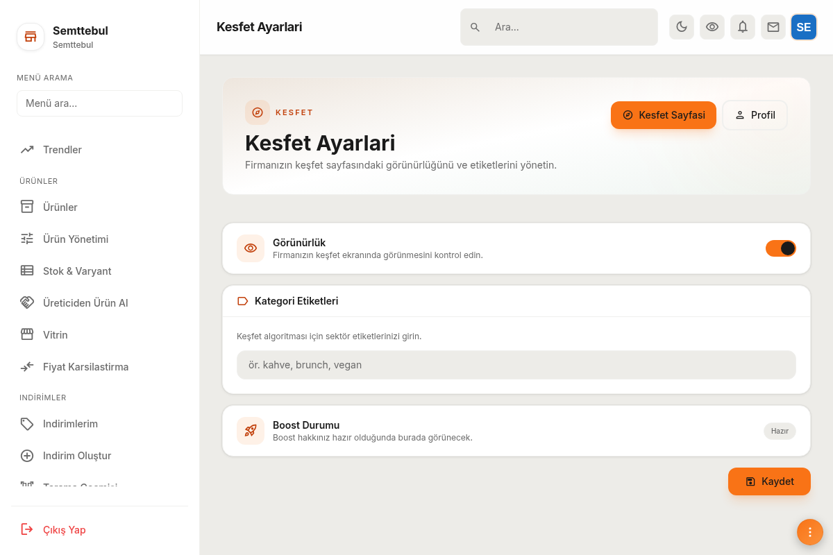Keşfet / görünürlük ayarları ekranı