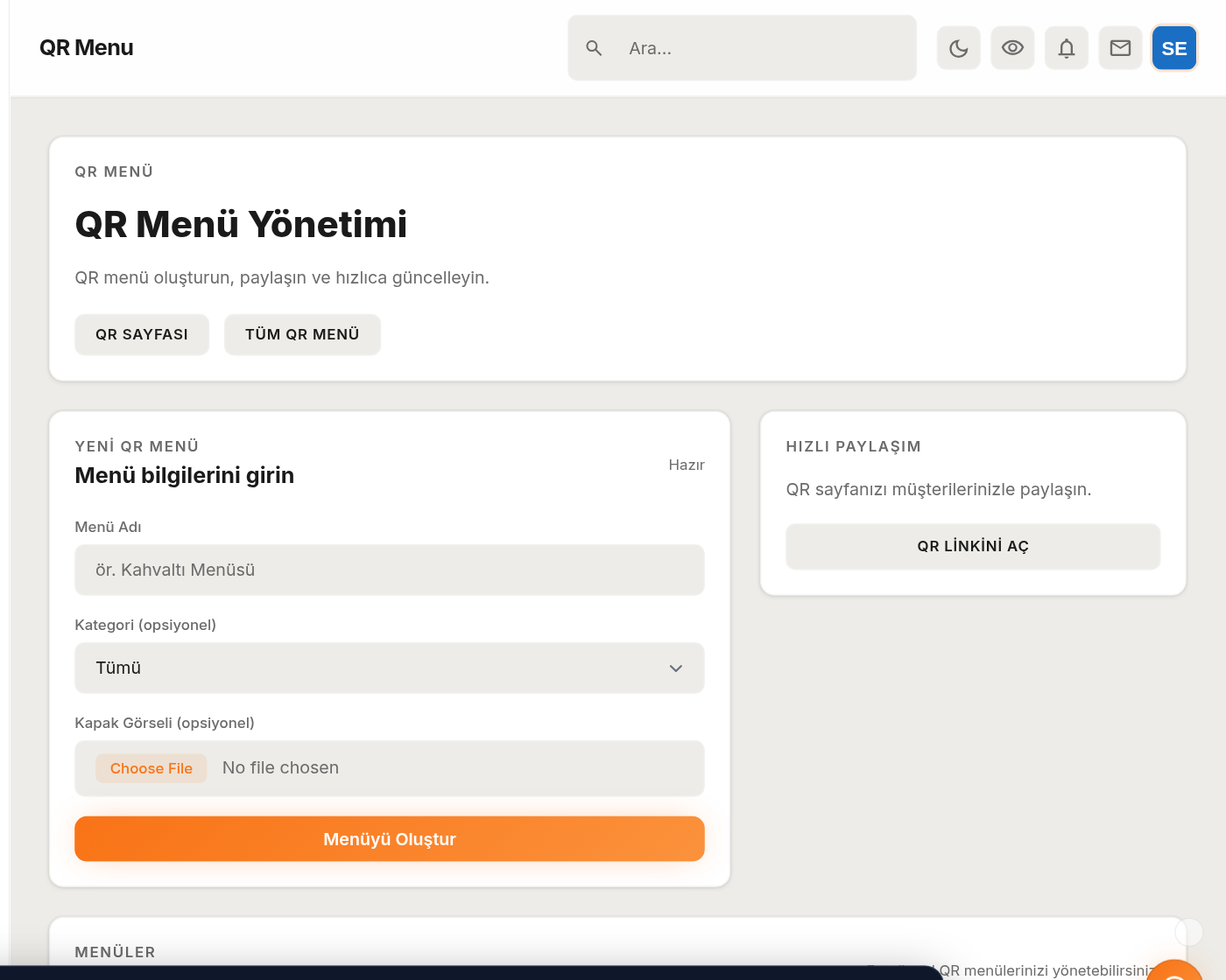 QR menü yönetim ekranı