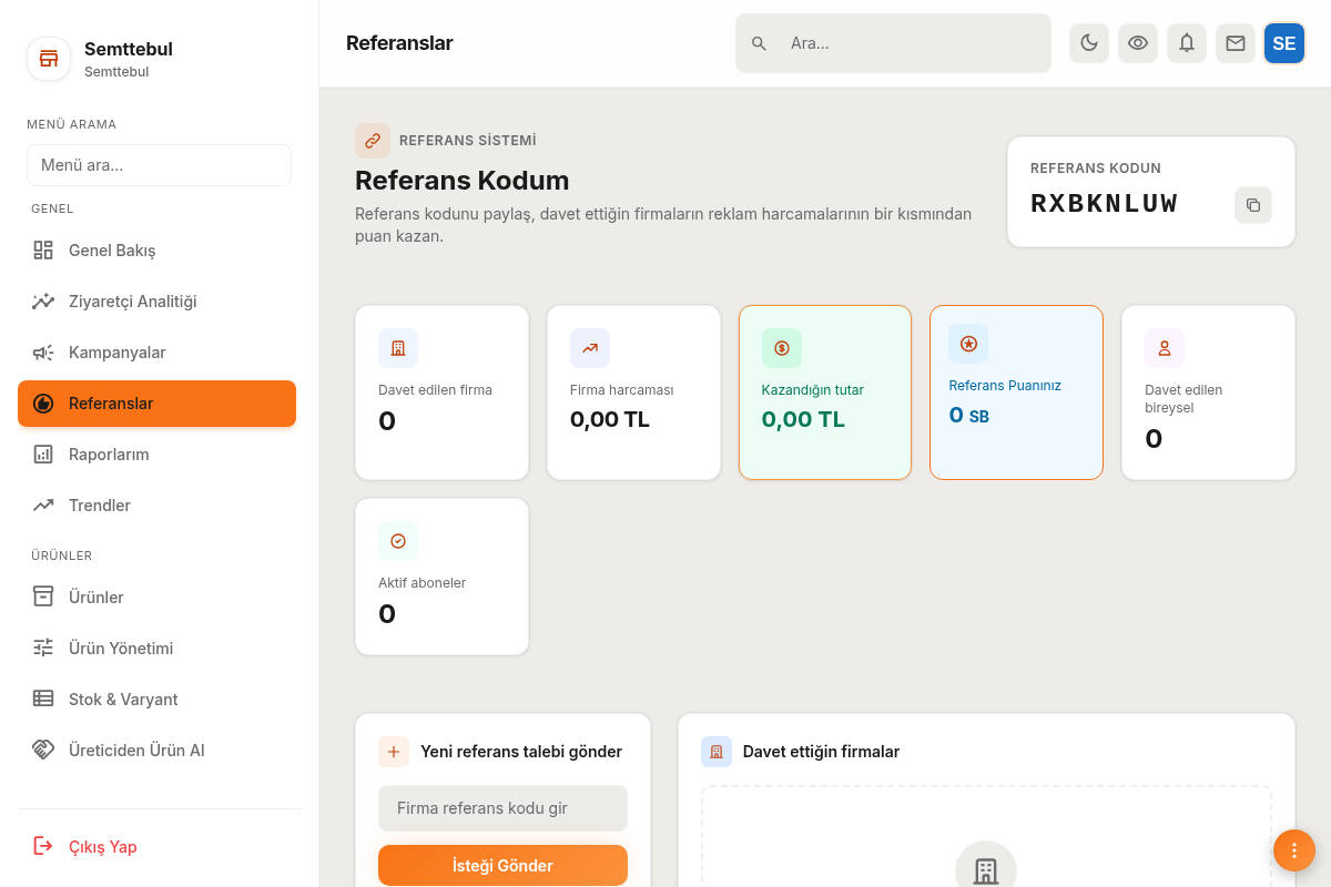 Referans / davet ekranı