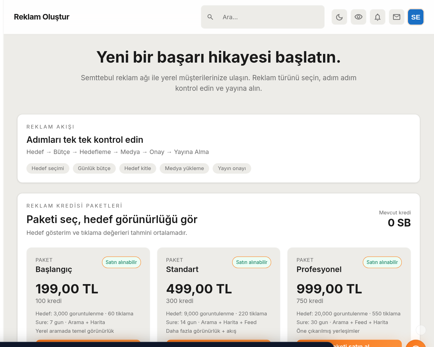 Firma panelinde reklam oluşturma ekranı