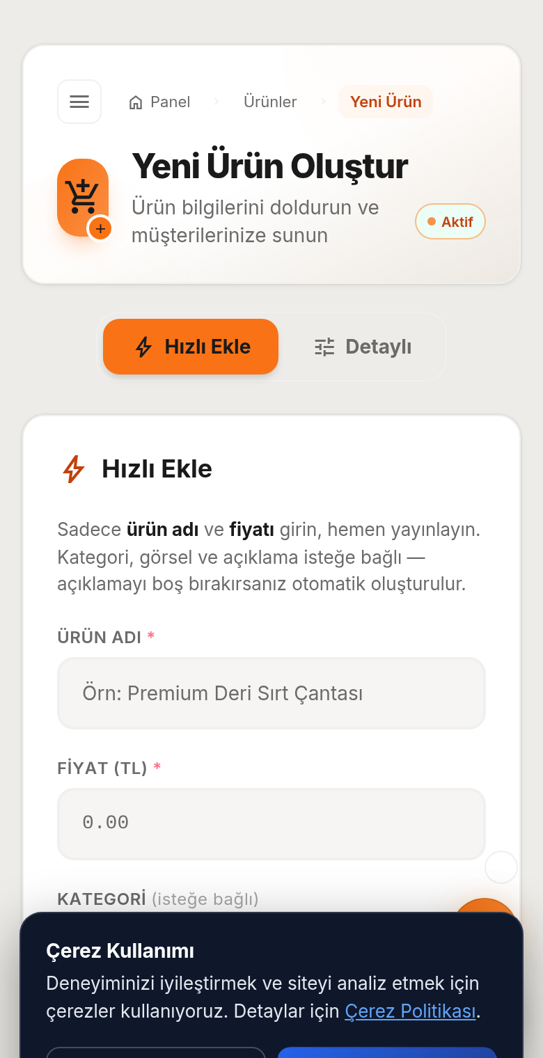Mobil uygulamada ürün ekleme ekranı
