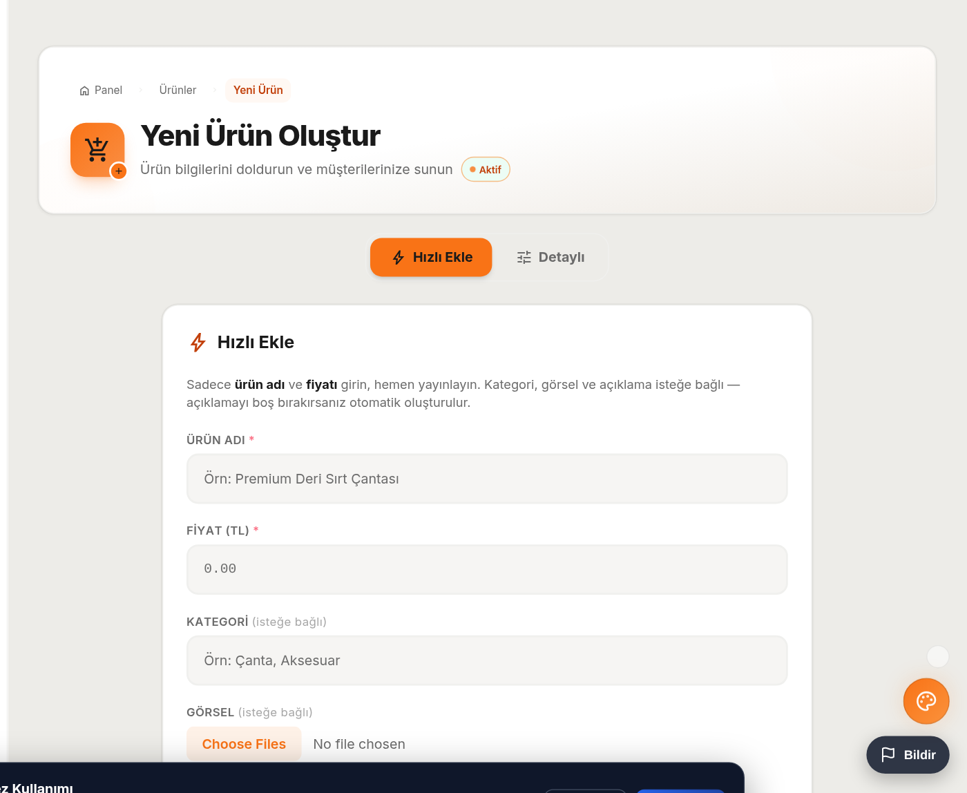 Web üzerinde yeni ürün oluşturma ekranı