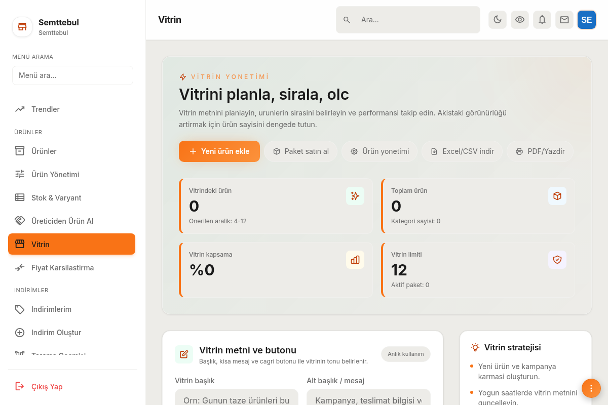 Vitrin oluşturma ekranı